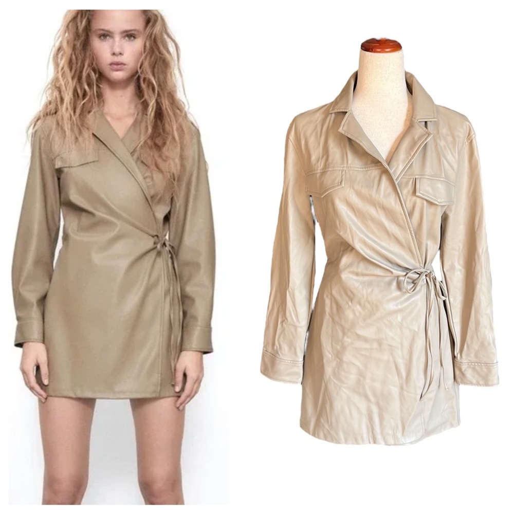 NWOT Zara Light Tan Faux Leather Crossover Wrap Mini Dress